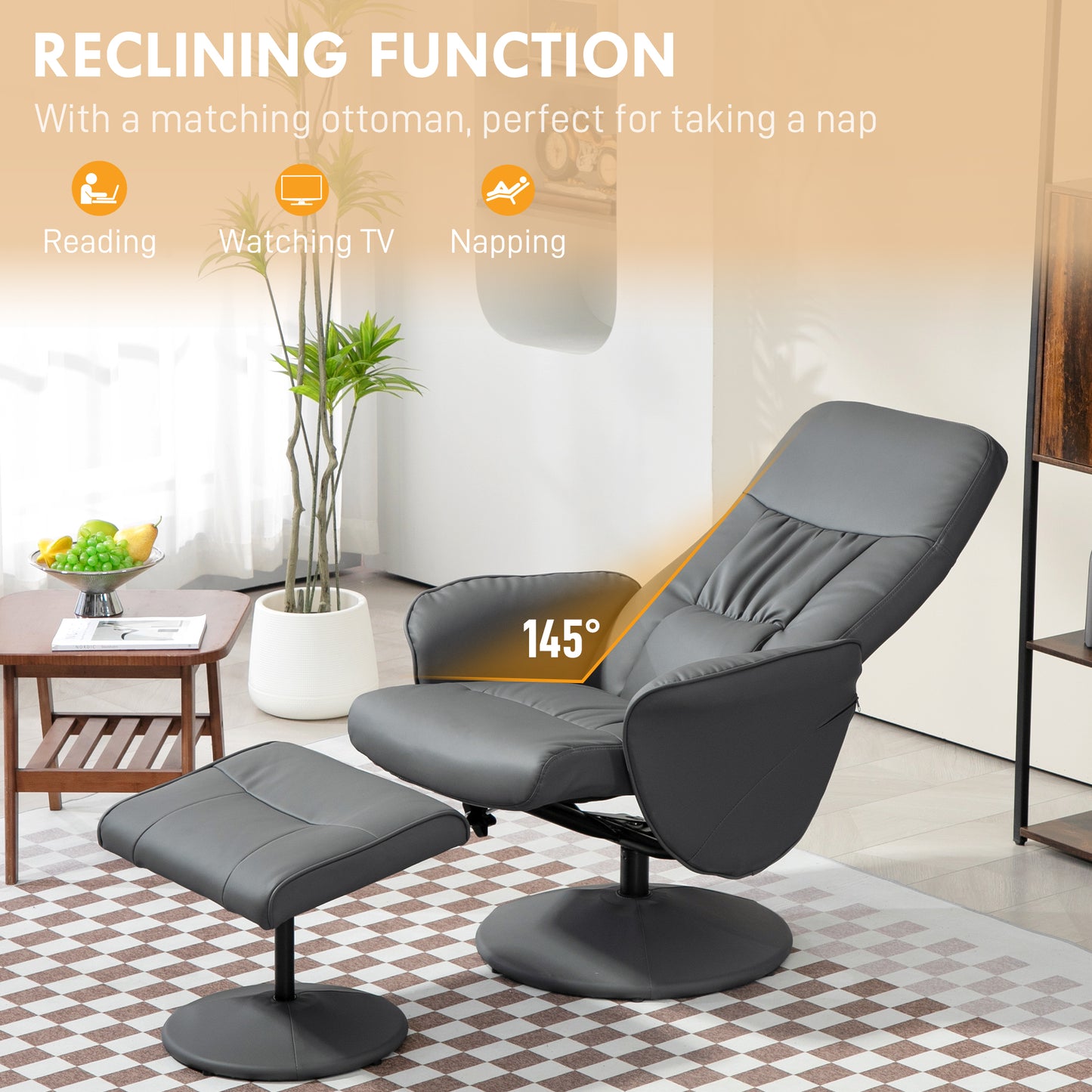 PU Leather Armchair and Footrest Swivel Recliner w/ Ottoman Grey