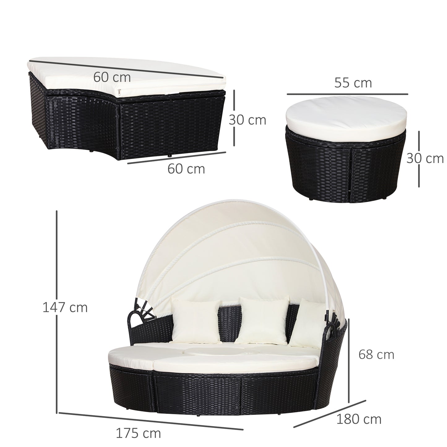 Rattan Lounge Set, 5 Pieces Patio Conversation Furniture Set, Garden Round Sofa Bed with Cushion and Retractable Canopy, Black
