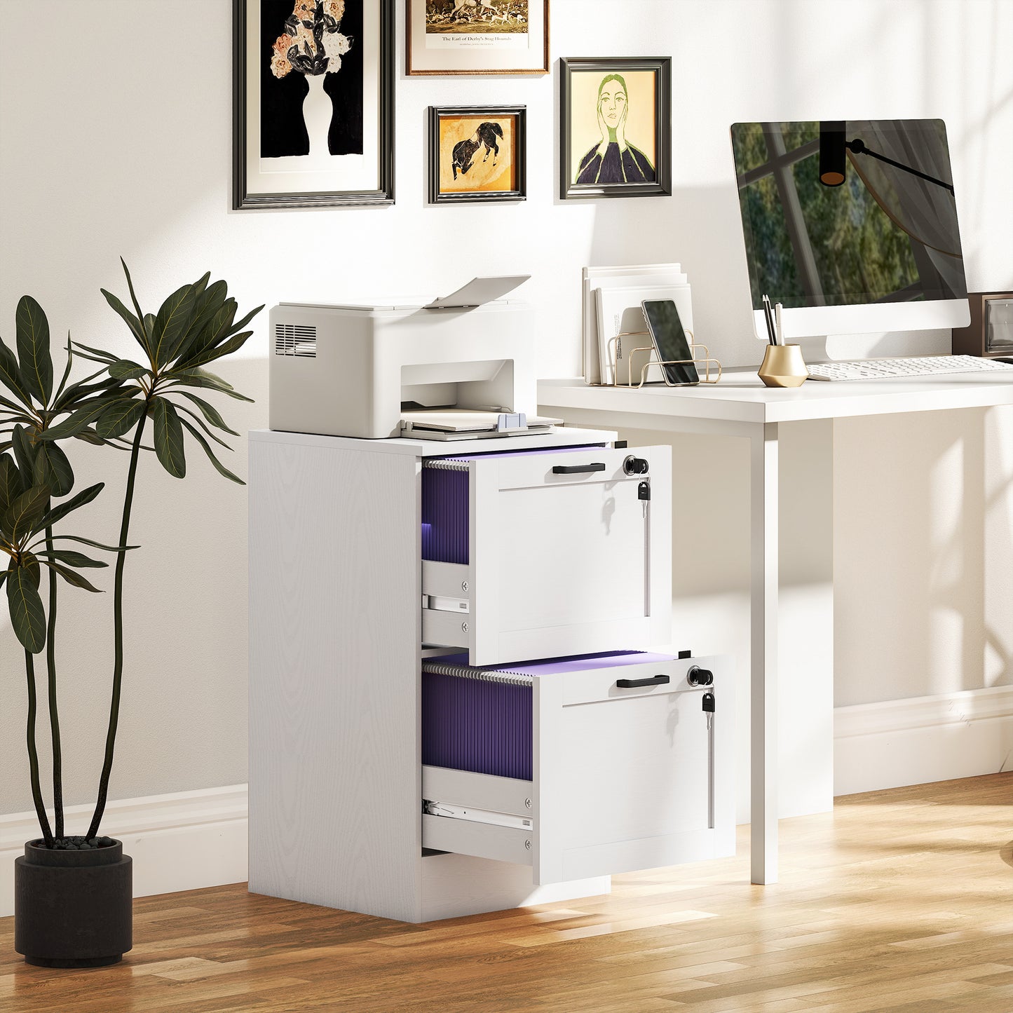 2-Drawer File Cabinet, Lockable Filing Cabinet for A4 Letter, White