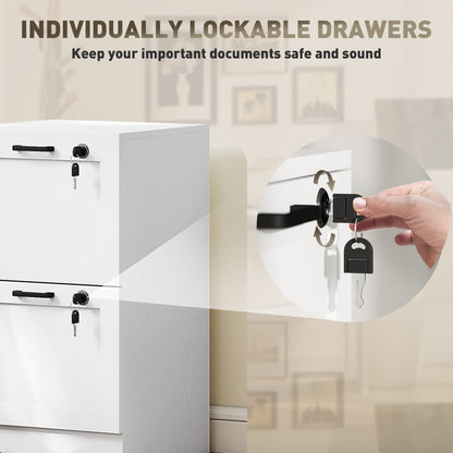2-Drawer File Cabinet, Lockable Filing Cabinet for A4 Letter, White