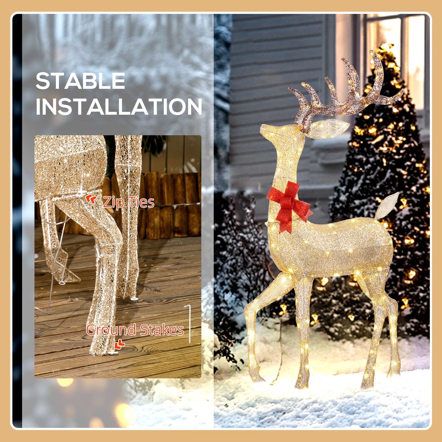 3-Piece Light Up Christmas Deer Family Set of 3 for Lawn Gold Tone