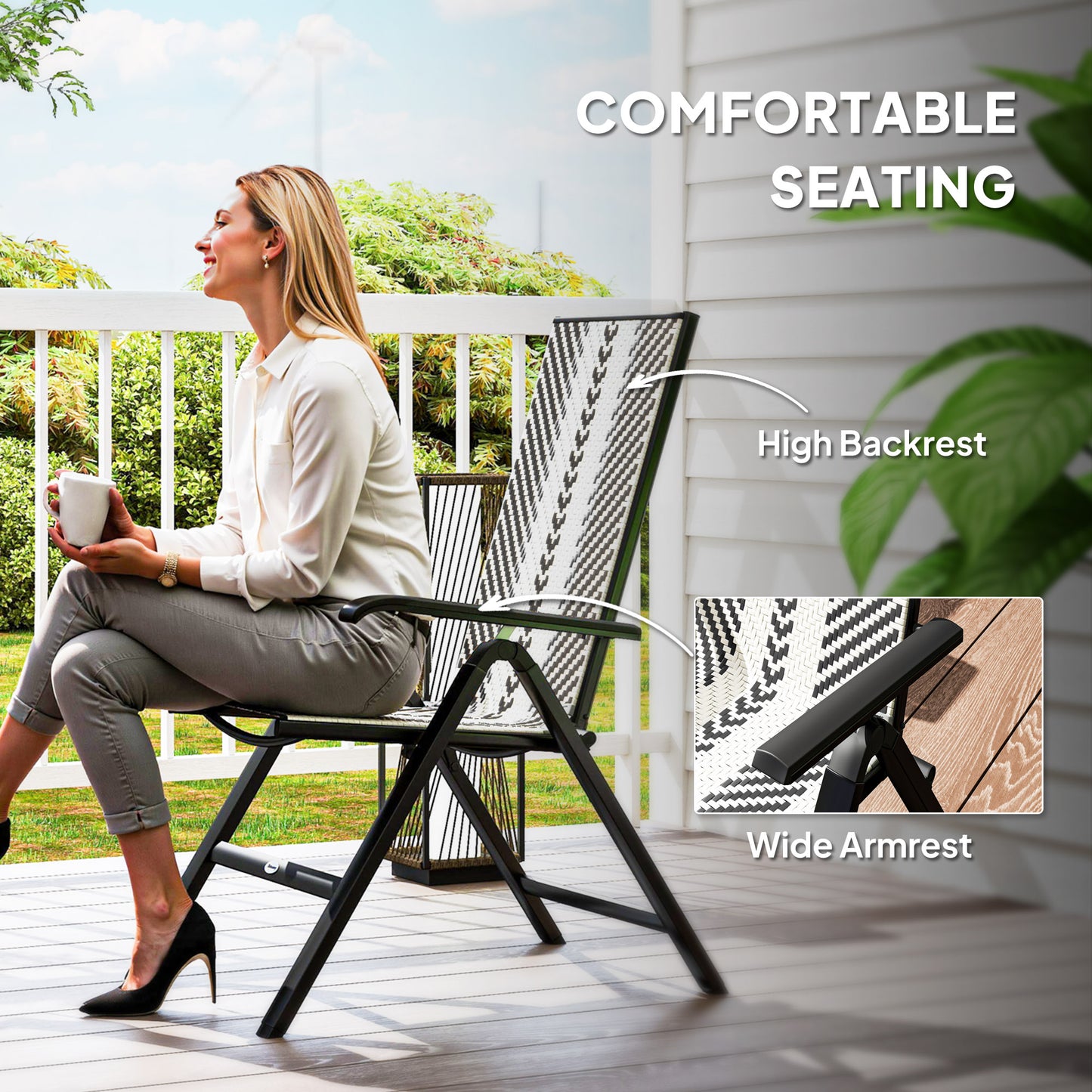 Rattan Folding Chair w/ 5-Position Adjustable Backrest, Black