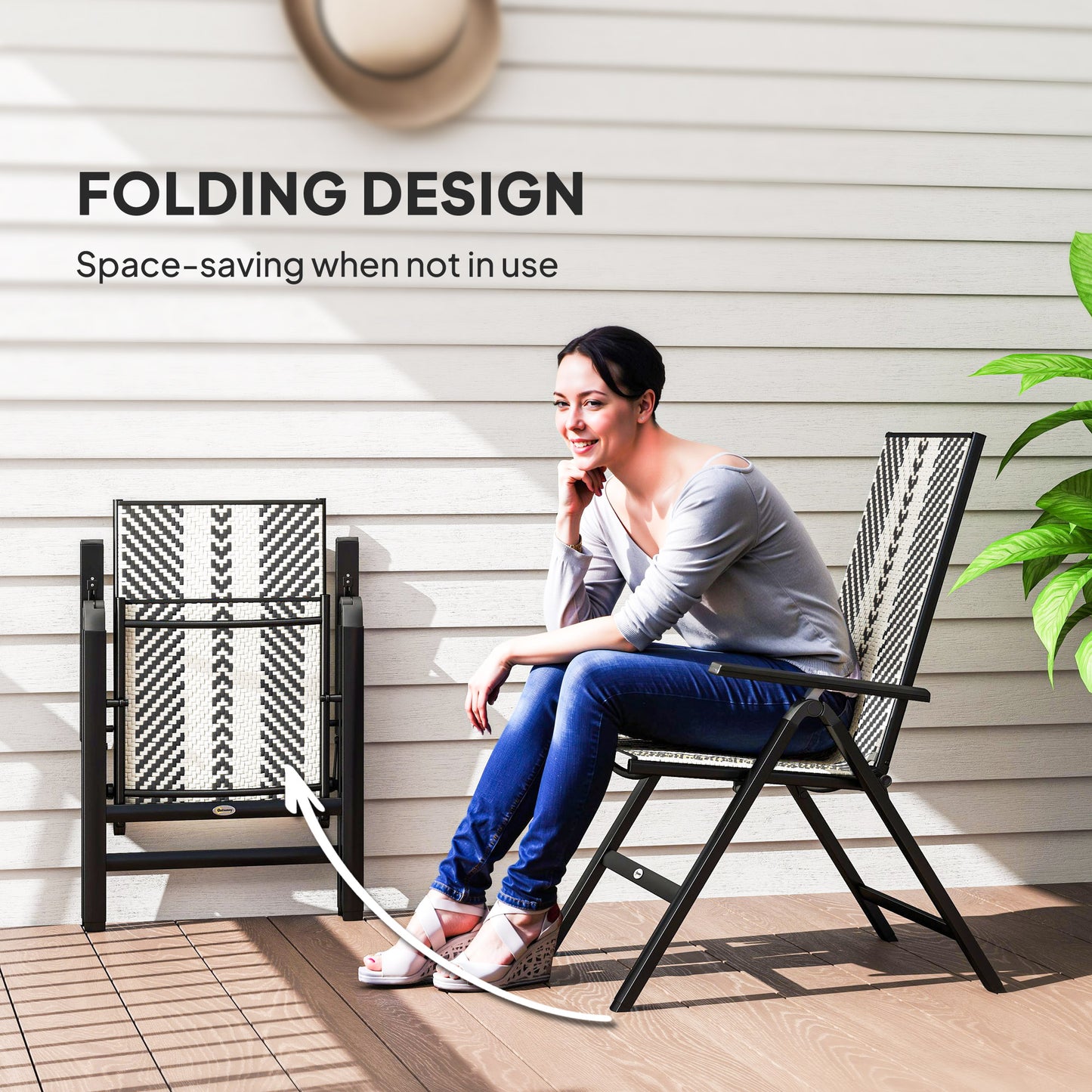 Rattan Folding Chair w/ 5-Position Adjustable Backrest, Black