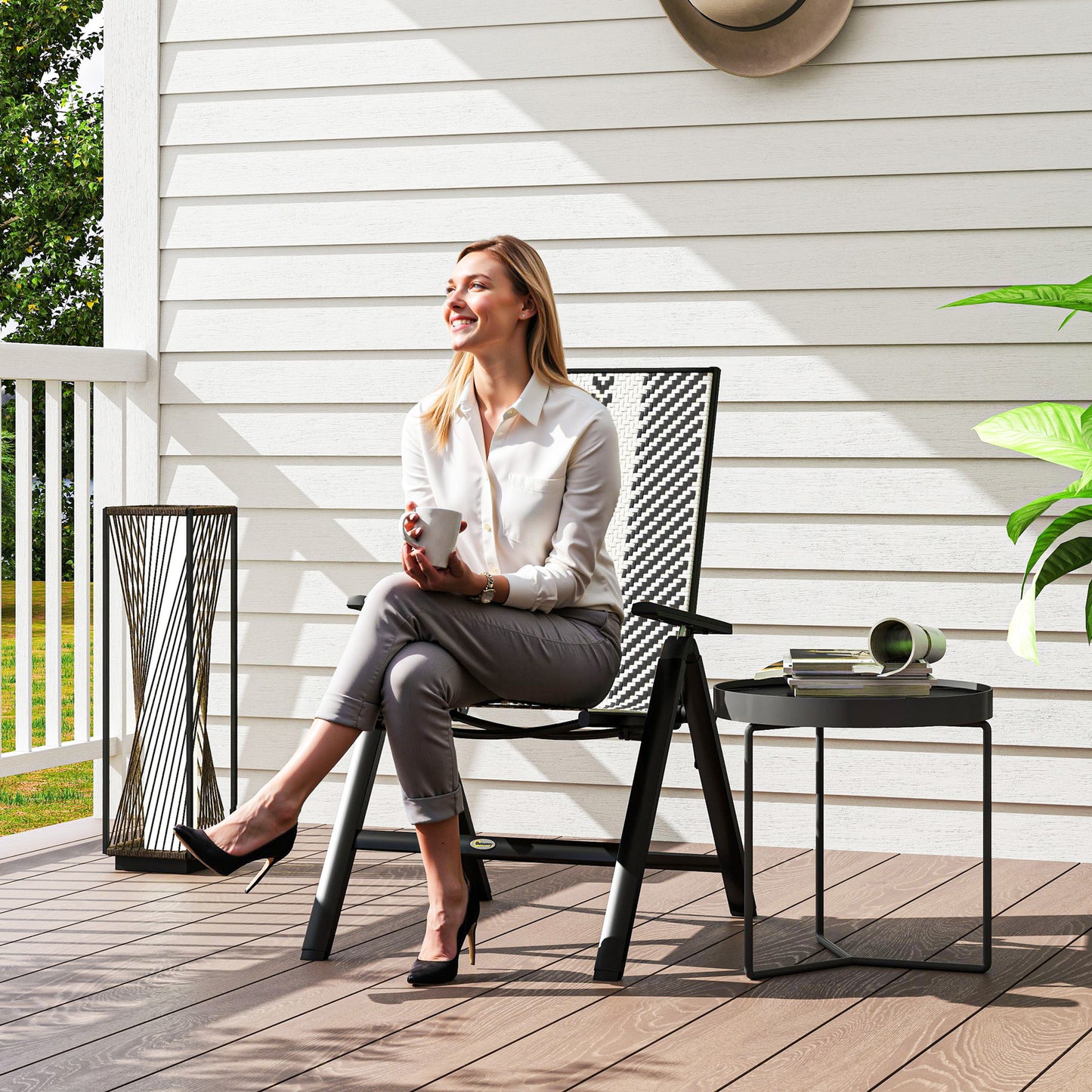 Rattan Folding Chair w/ 5-Position Adjustable Backrest, Black