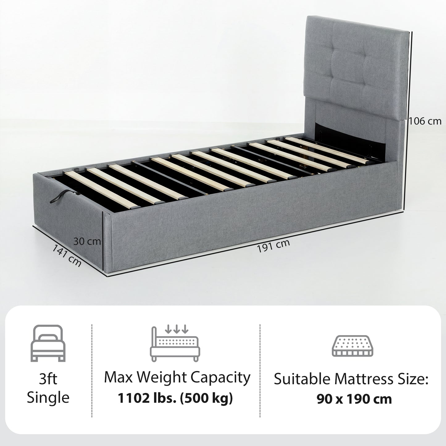 Upholstered Ottoman Bed, 3ft Single Storage Bed Frame, Grey