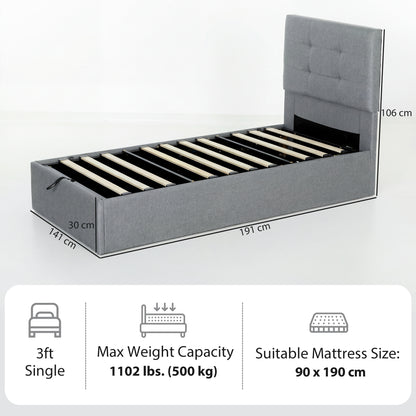 Upholstered Ottoman Bed, 3ft Single Storage Bed Frame, Grey