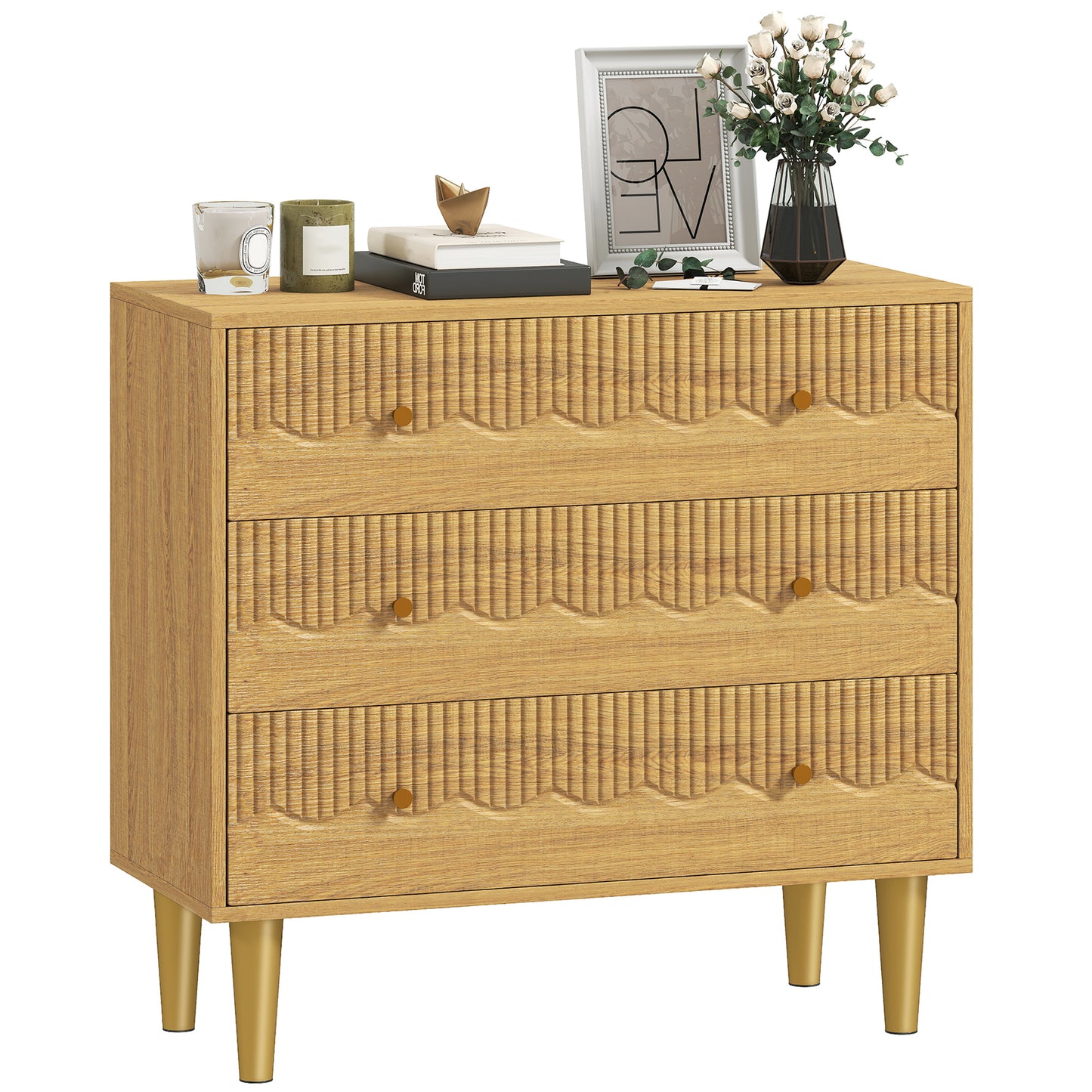 Chest of Drawers, 3 Drawer Dresser Steel Legs and Wooden Top, Oak