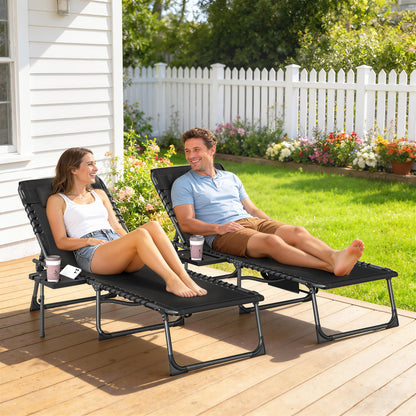 Folding Sun Loungers with 5-Level Back, Cup Holder, Black
