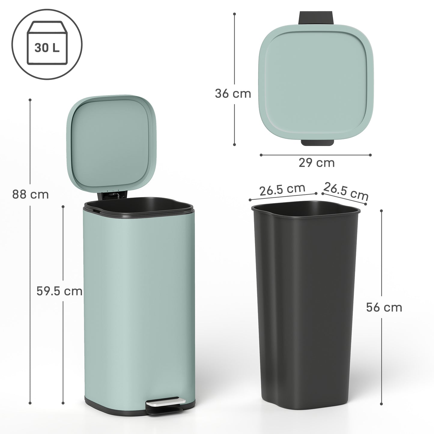30L Kitchen Bin, Pedal Bin with Lid, Removable Inner Bucket, Green