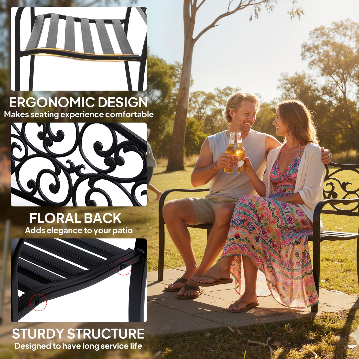 Metal Garden Bench, Outdoor Bench with Floral Back, Black