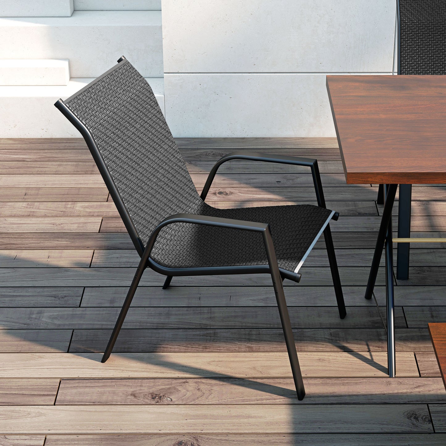 Stackable Outdoor Rattan Chairs Set of 4 with Armrests and Backrest, Grey