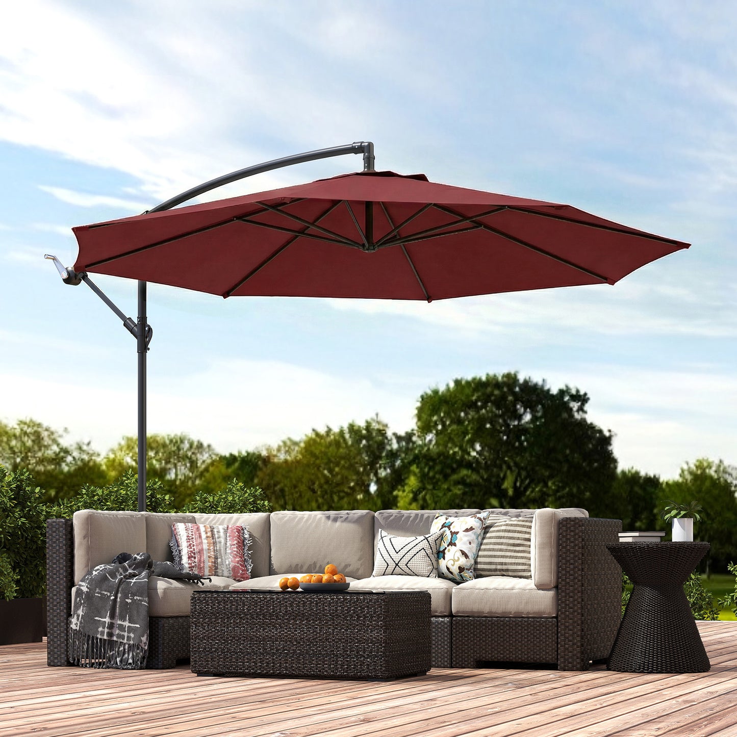 3(m) Garden Banana Parasol Cantilever Umbrella w/ Base, Wine Red