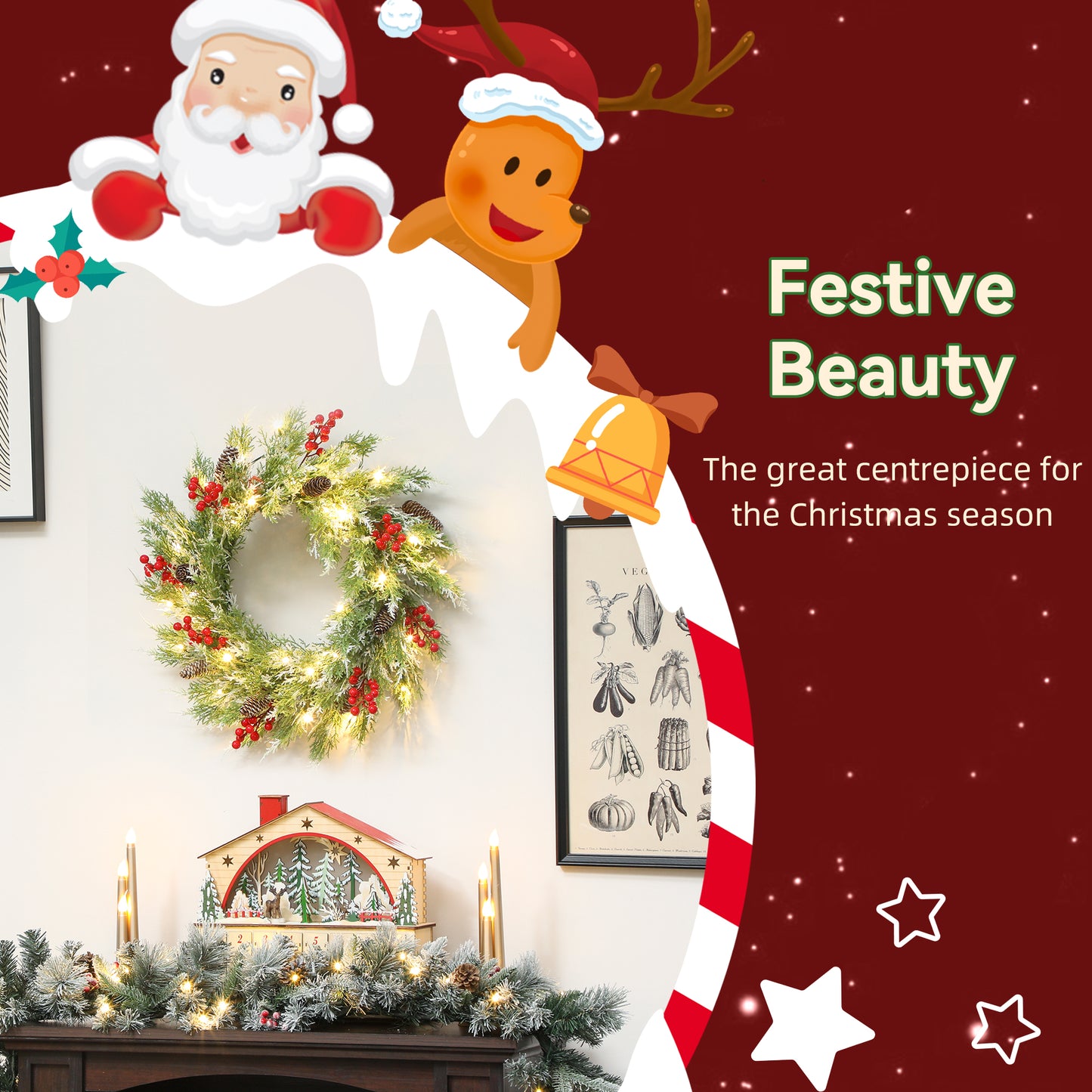 60 cm Prelit Christmas Wreath, Door Wreath with Realistic Branches