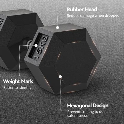 30KG Rubber Hex Dumbbell Portable Hand Weights for Home Gym