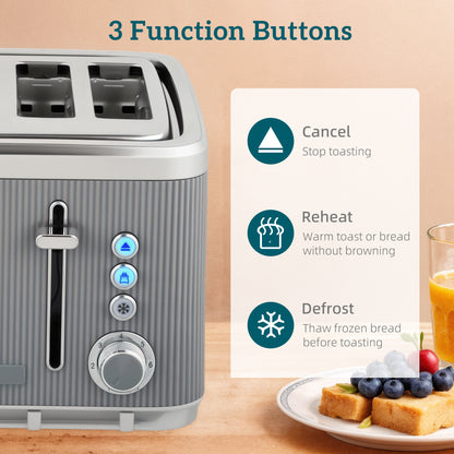 1.7L 3000W Rapid Boil Kettle and 4 Slice Toaster Set Crumb Tray Grey