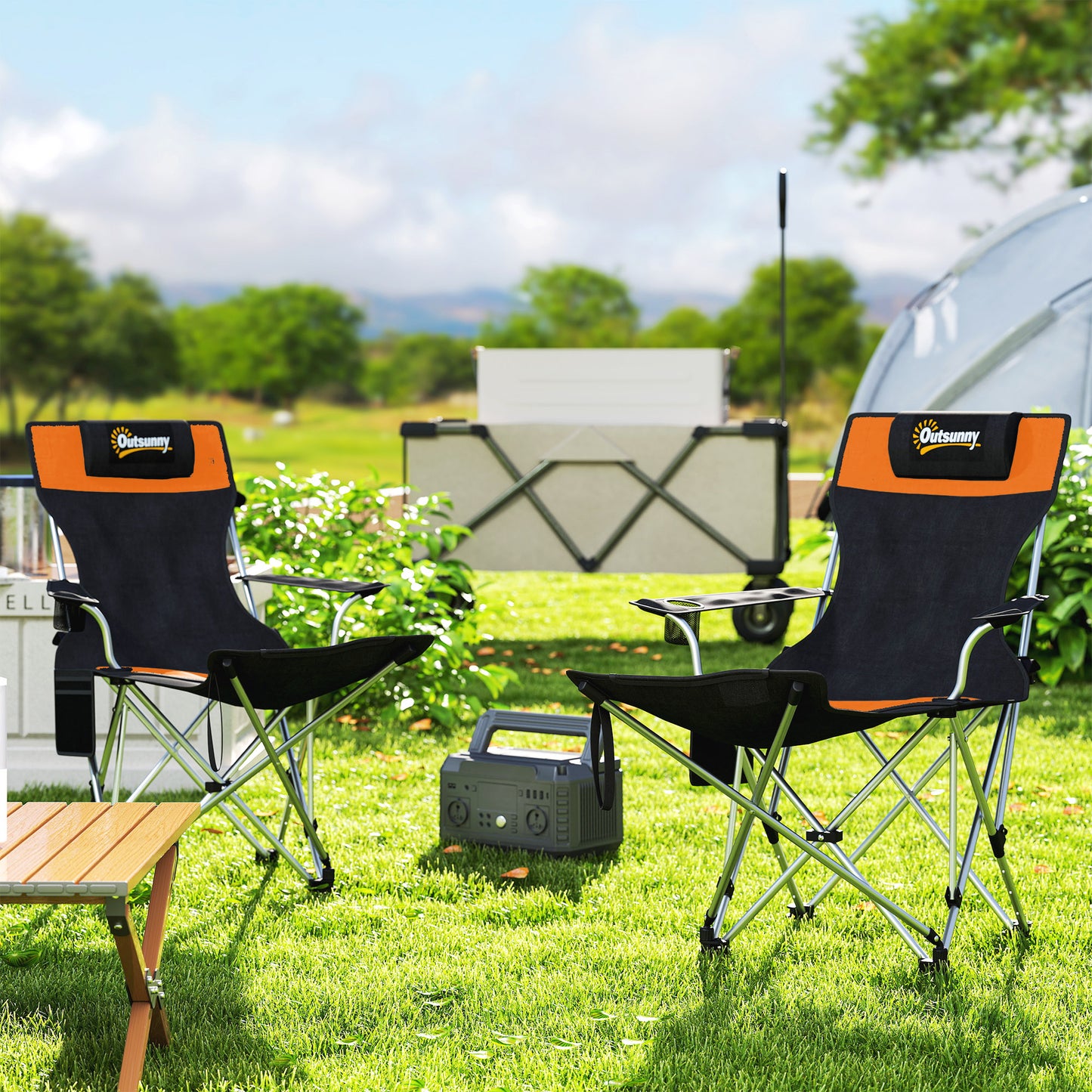 Set of 2 Reclining Camping Chairs, Orange and Black