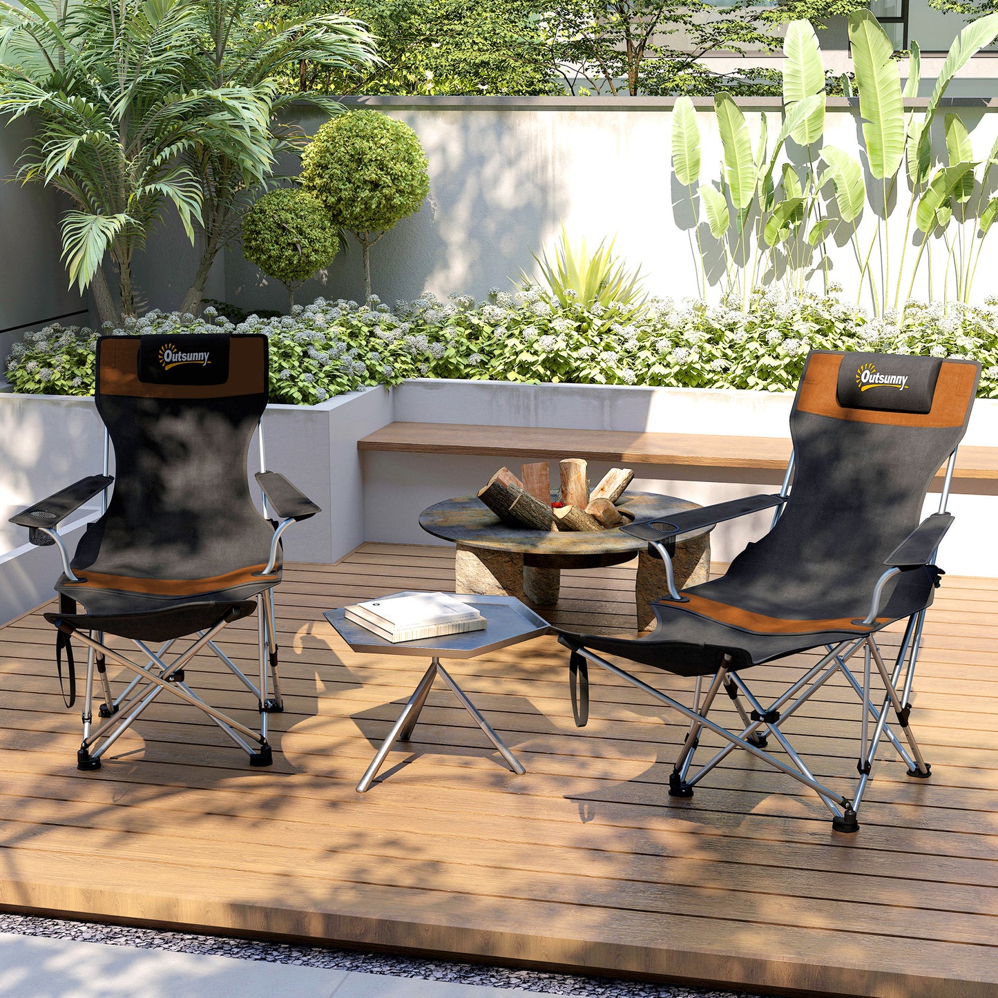 Set of 2 Reclining Camping Chairs, Orange and Black