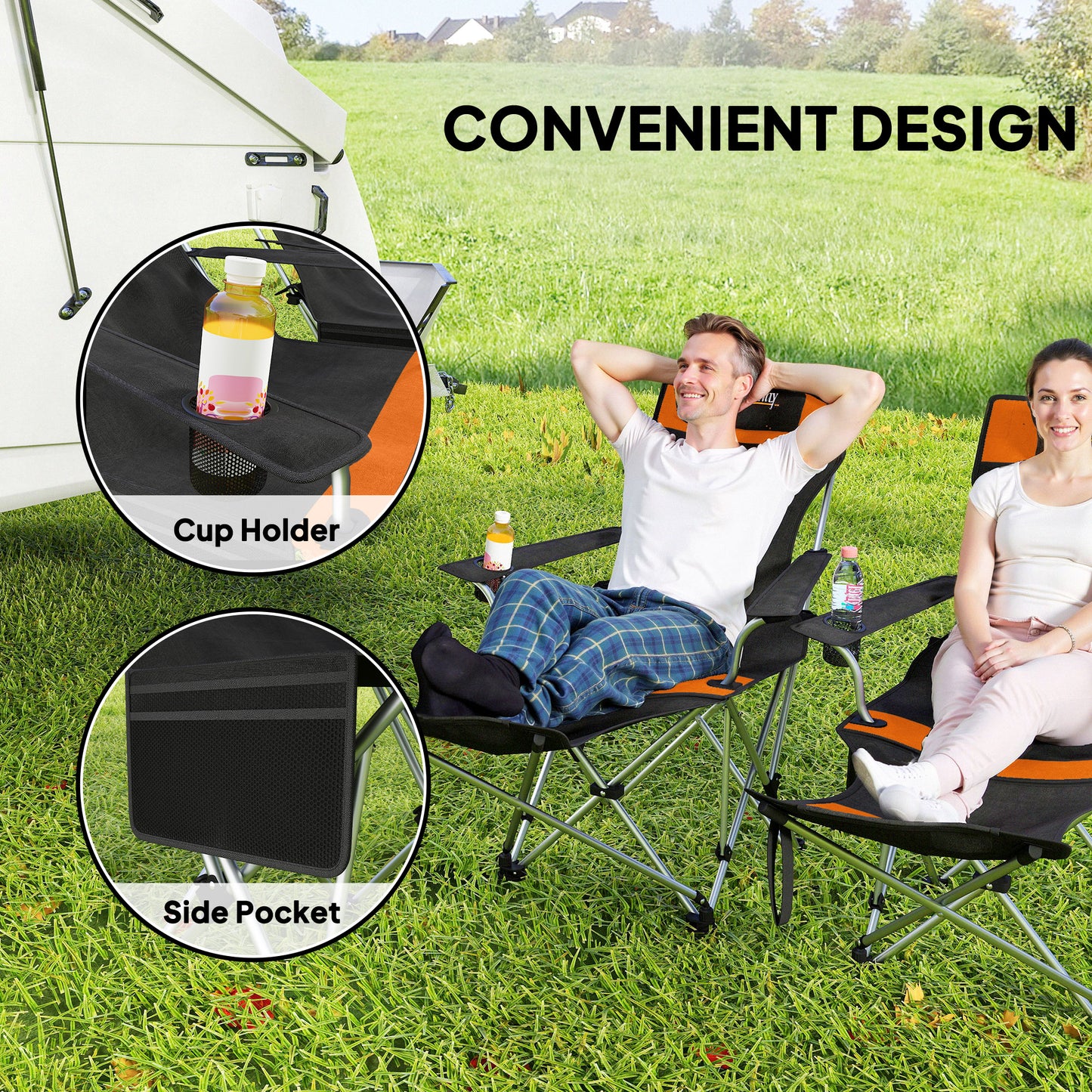 Set of 2 Reclining Camping Chairs, Orange and Black