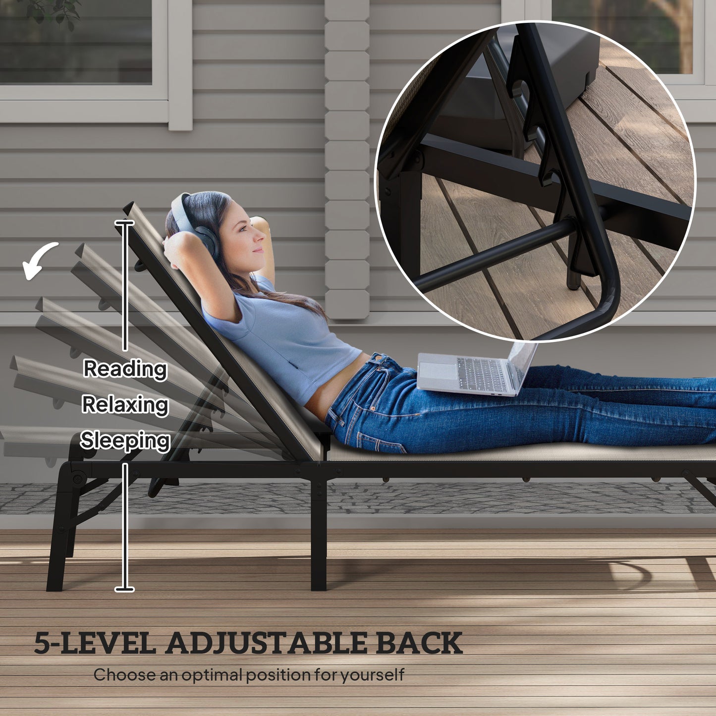 Folding Sun Lounger, 5-Position Adjustable Bed, Khaki