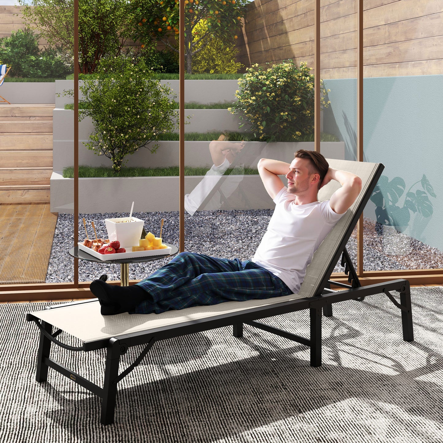 Folding Sun Lounger, 5-Position Adjustable Bed, Khaki