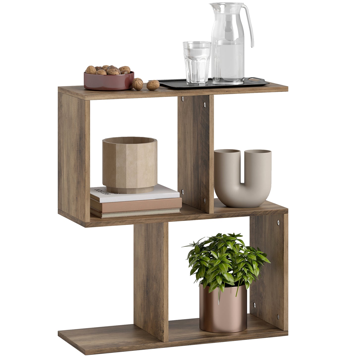 Side Table, Narrow End Table with Storage Shelves, Oak