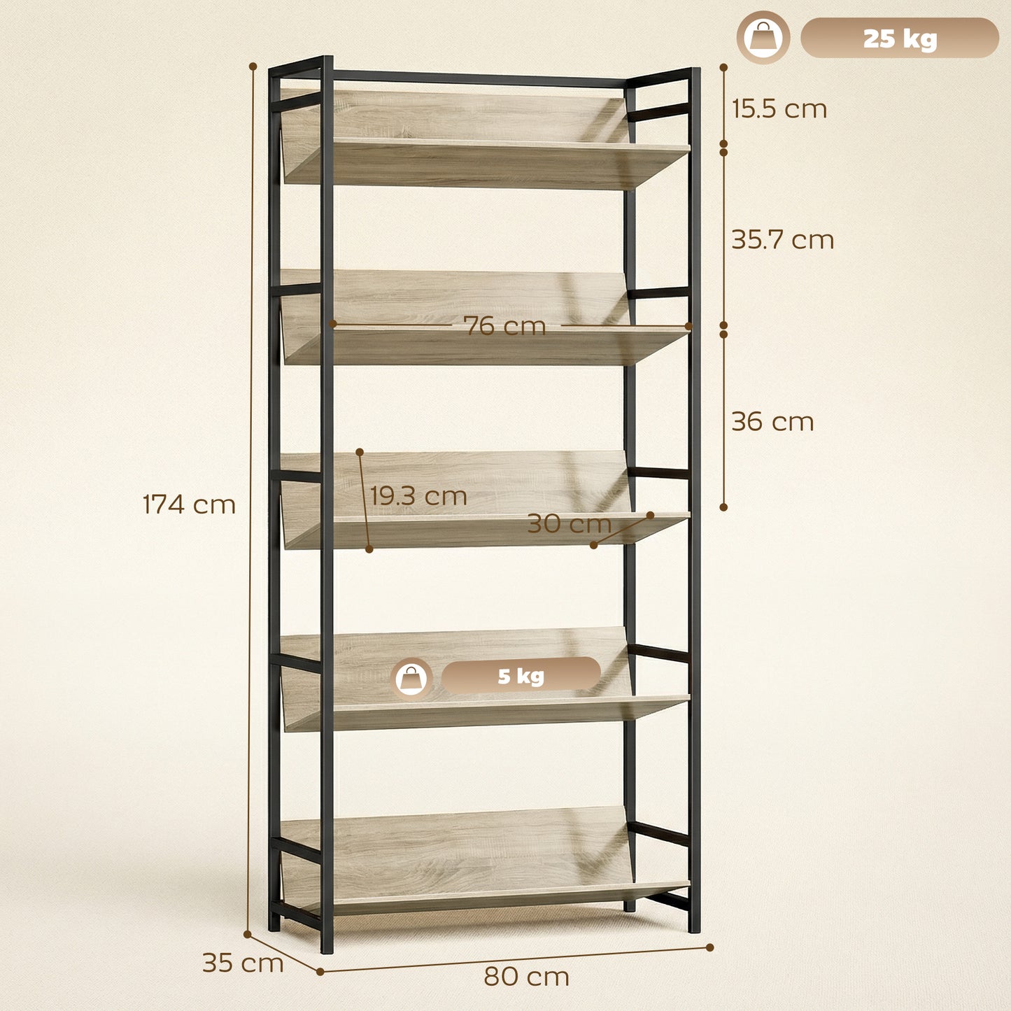 Bookcase Anti-Slip Design 5-Tier Oak