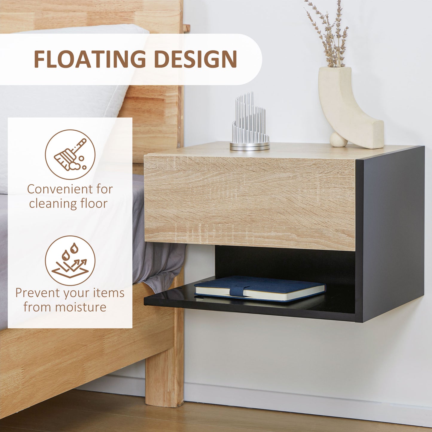 Modern Bedside Table Set of 2 with Drawer and Shelf