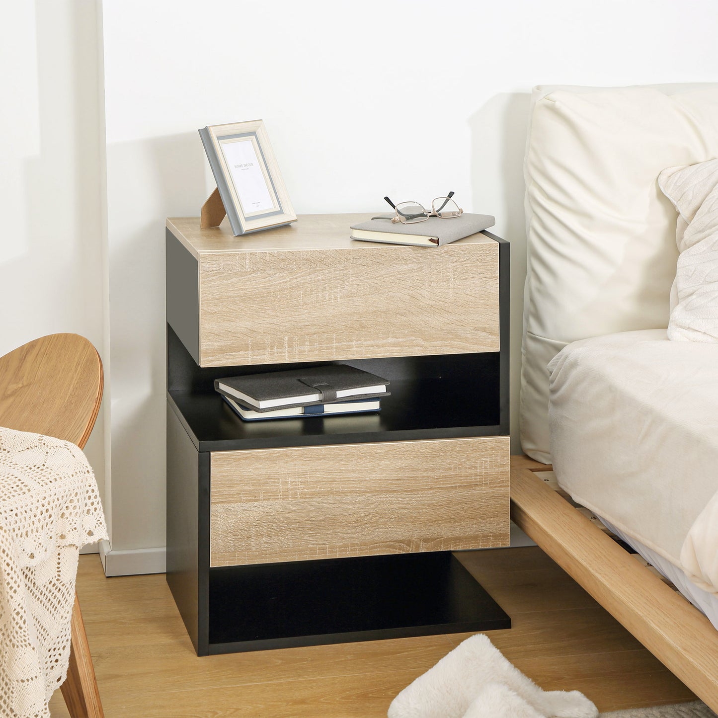 Modern Bedside Table Set of 2 with Drawer and Shelf