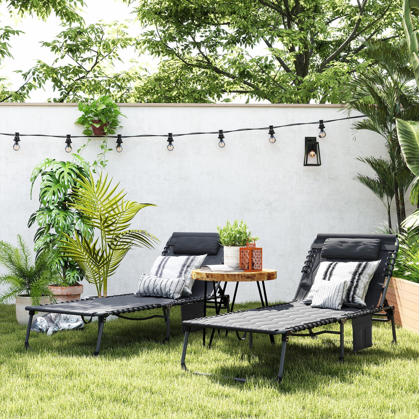 2 Pieces Foldable Sun Lounger Set with Padded Seat, Black