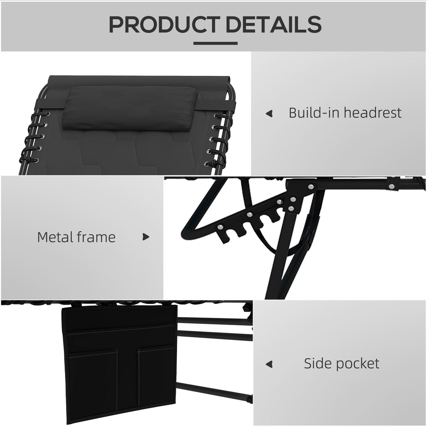 2 Pieces Foldable Sun Lounger Set with Padded Seat, Black
