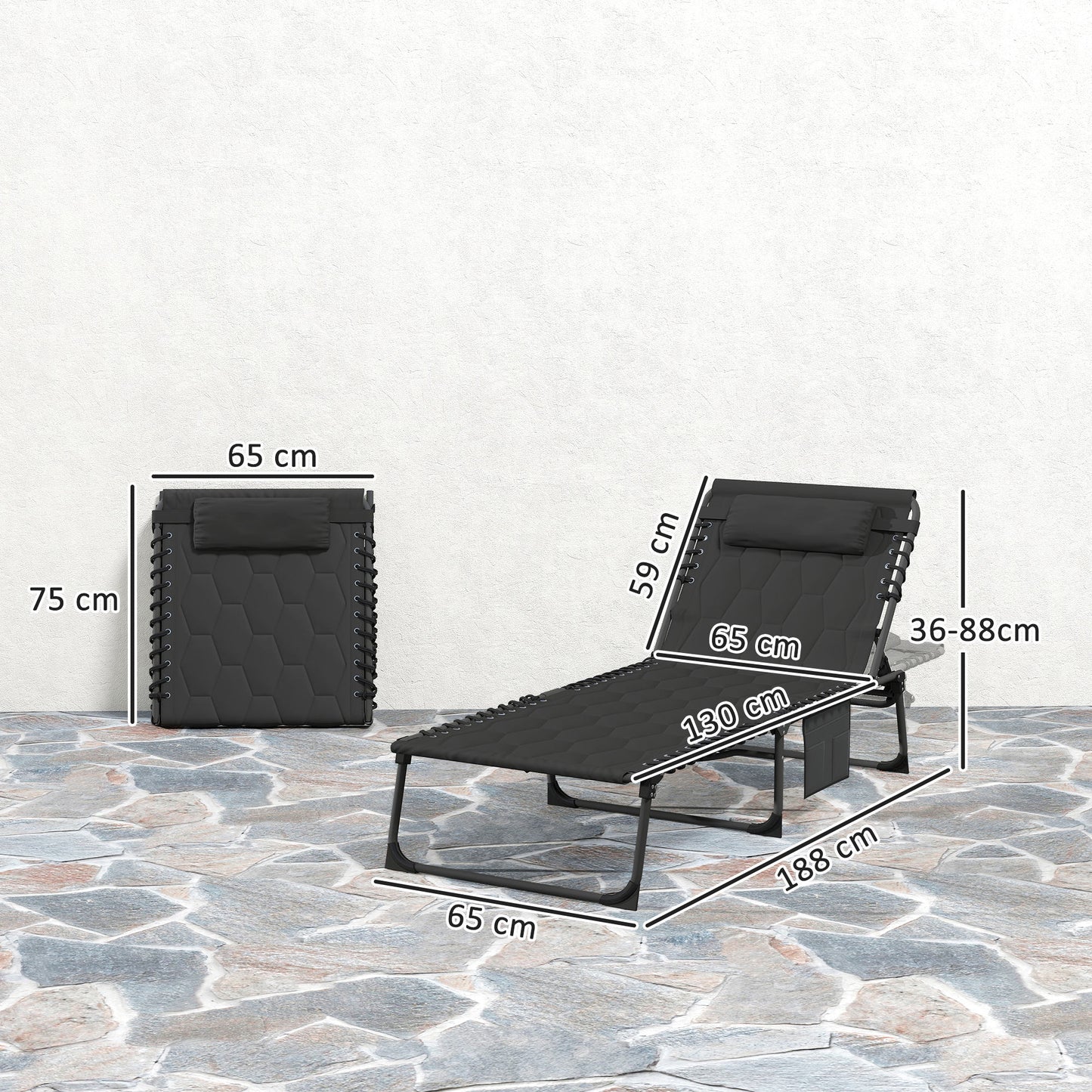 2 Pieces Foldable Sun Lounger Set with Padded Seat, Black