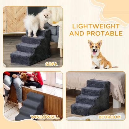 Four-Step Portable Dog Stairs with Washable Plush Cover, Dark Grey