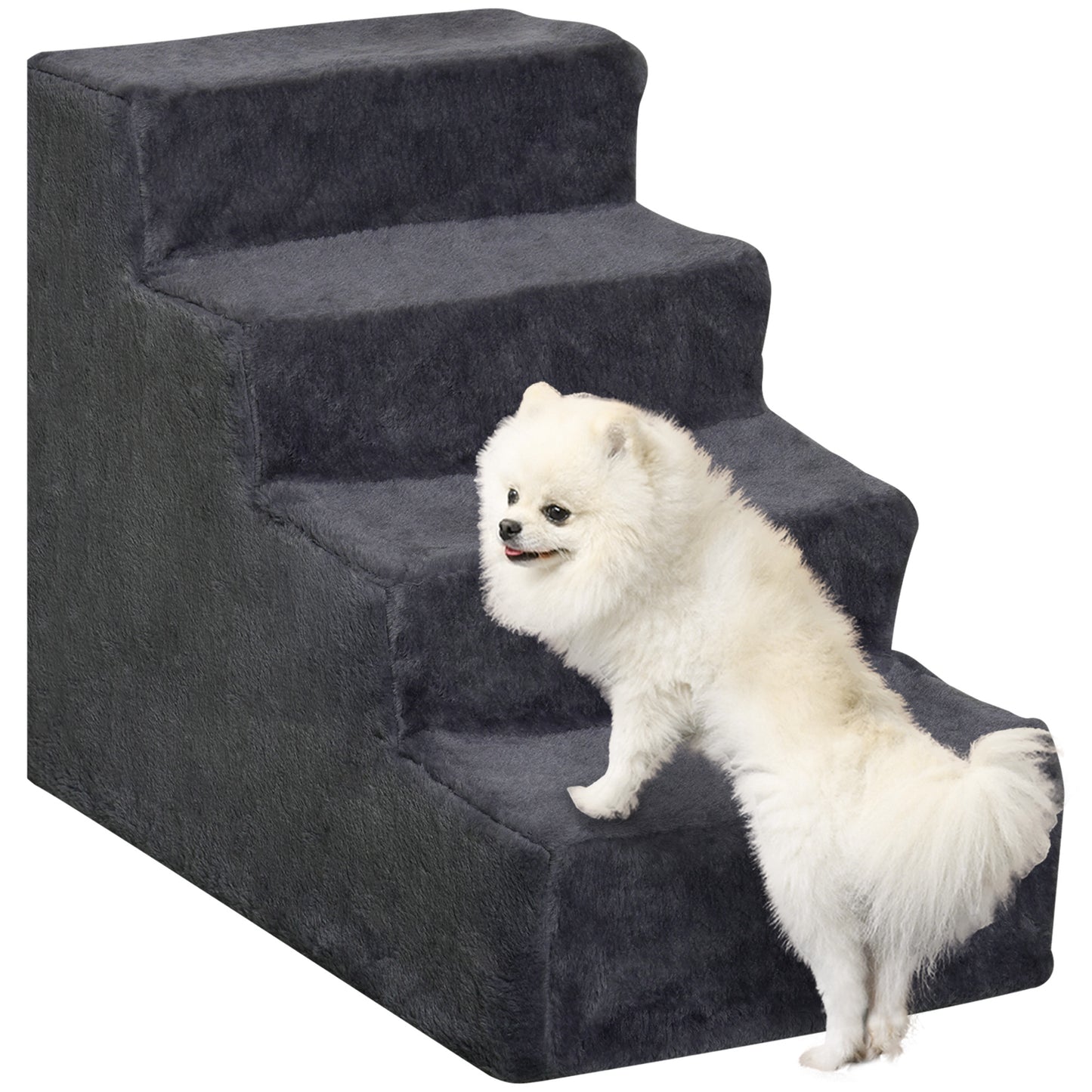 Four-Step Portable Dog Stairs with Washable Plush Cover, Dark Grey