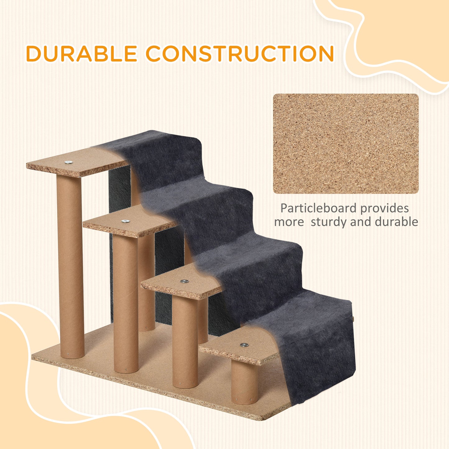 Four-Step Portable Dog Stairs with Washable Plush Cover, Dark Grey