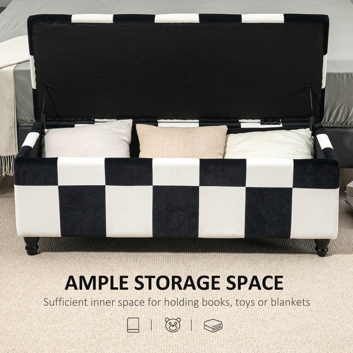 Velvet Storage Ottoman, Button-tufted Footstool Box, Toy Chest with Lid for Living Room, Bedroom, White and Black