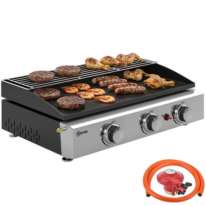 3 Burner Grill Griddle, Tabletop Gas BBQ with Grease Cup, Black
