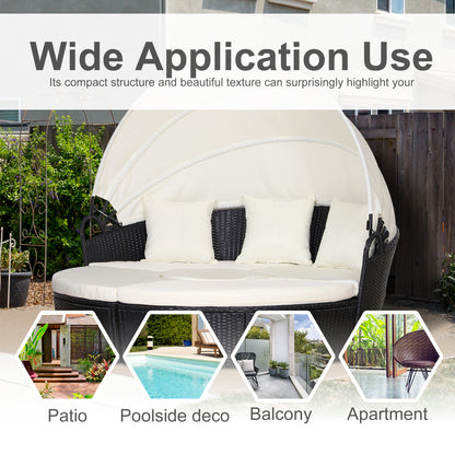 Rattan Lounge Set, 5 Pieces Patio Conversation Furniture Set, Garden Round Sofa Bed with Cushion and Retractable Canopy, Black