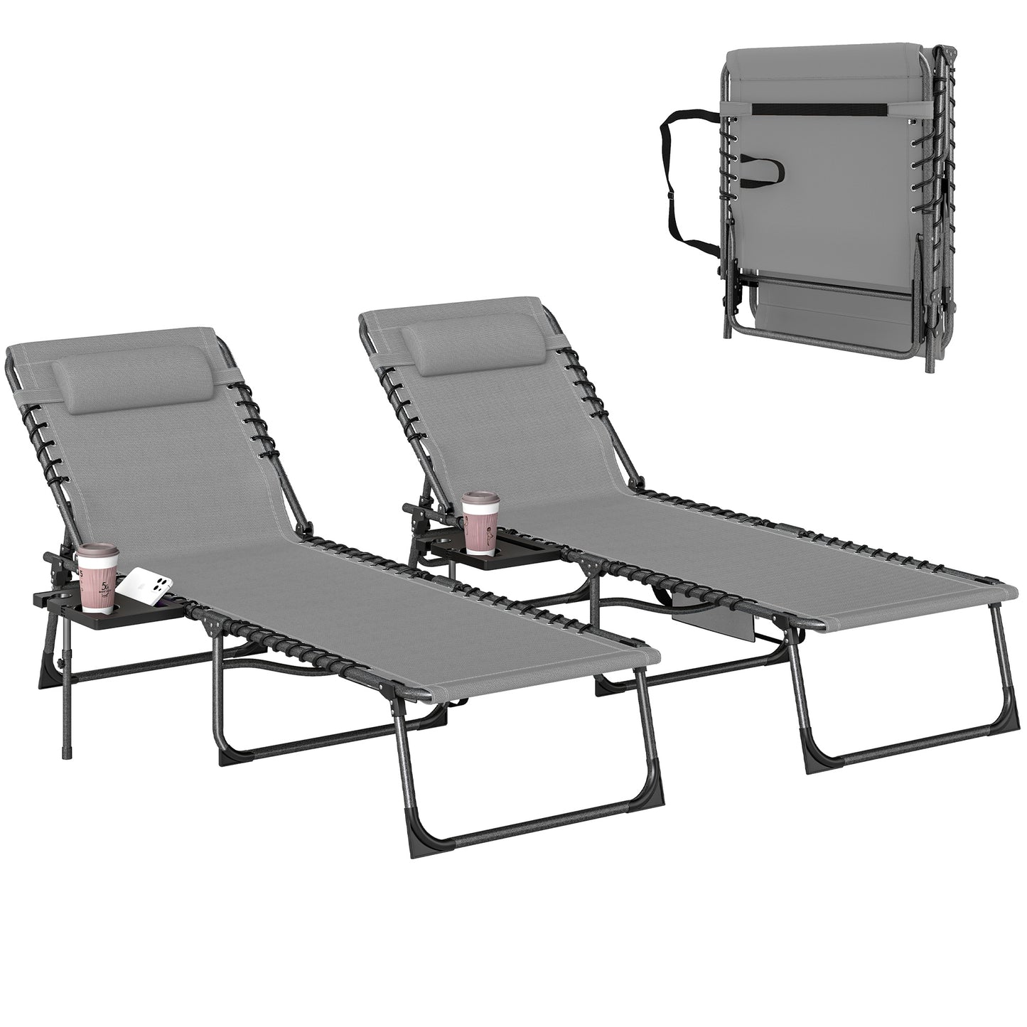 Folding Sun Loungers with 5-Level Back, Cup Holder, Grey