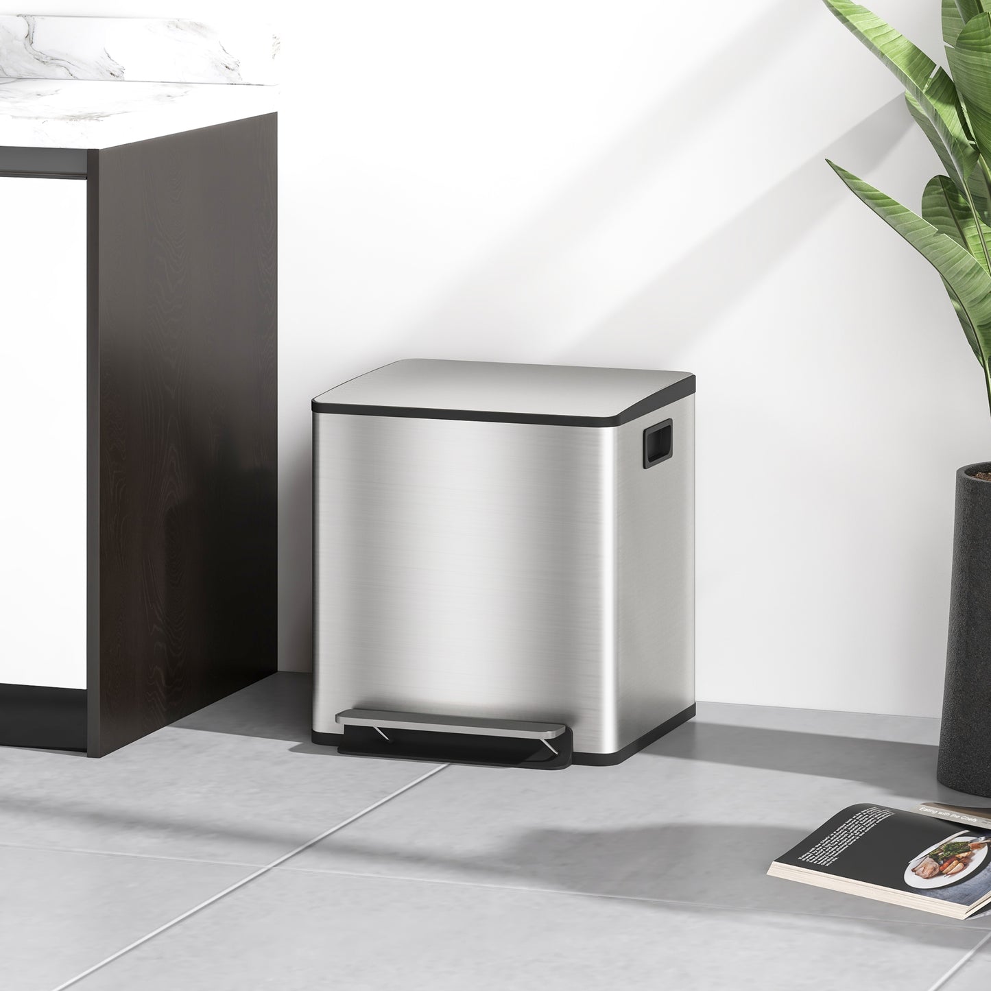 2 x 15L Double Kitchen Bin, Pedal Bin Soft-Close Lid, Silver Tone