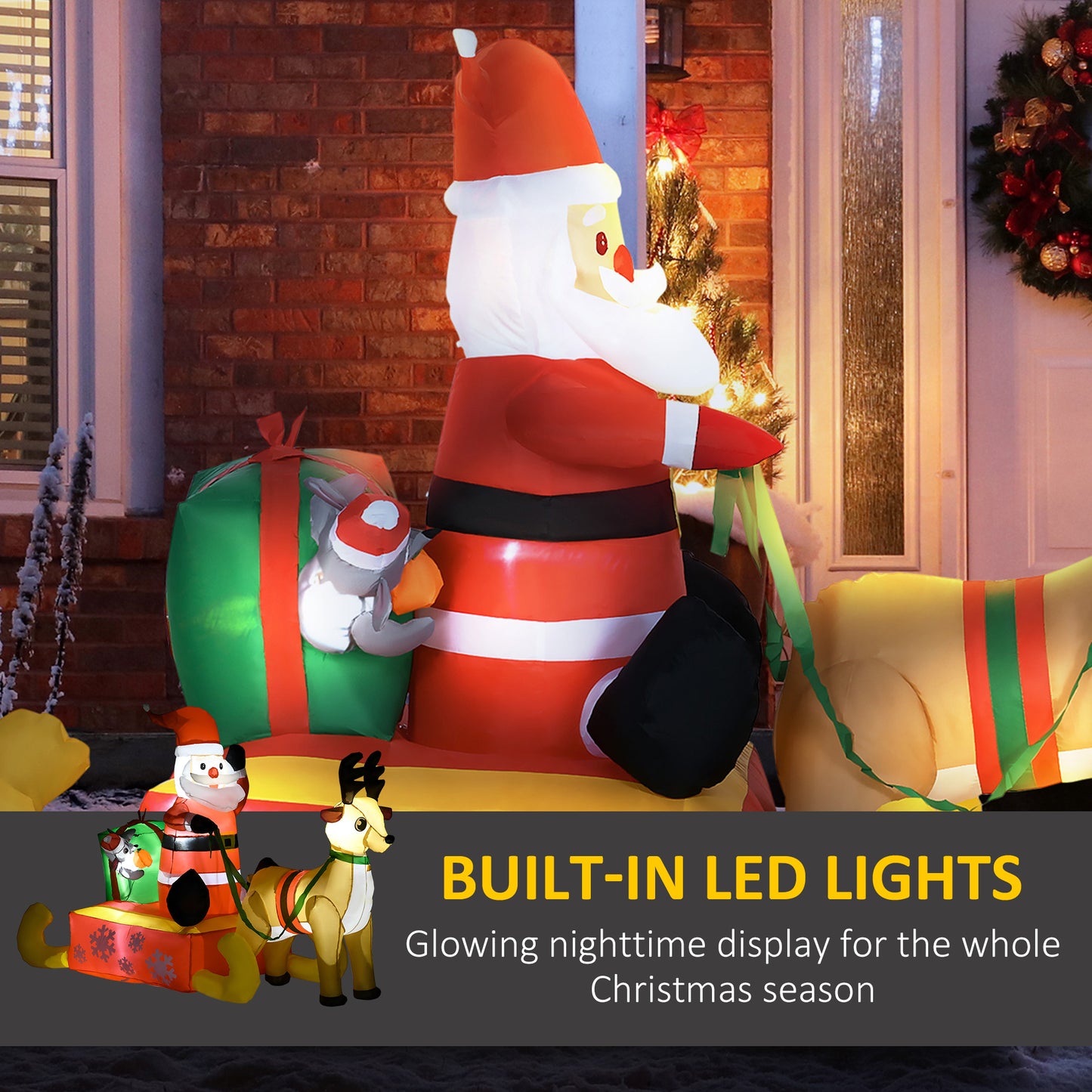 Inflatable Santa Claus with Sled and Reindeer Xmas Décor LED Lights