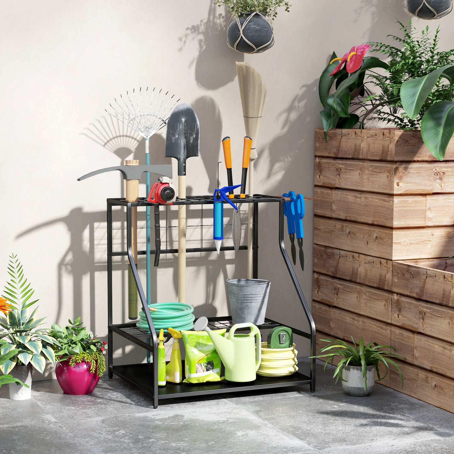 Garden Tool Storage Rack, 3-Tier Garden Tool Rack with 11 Hooks
