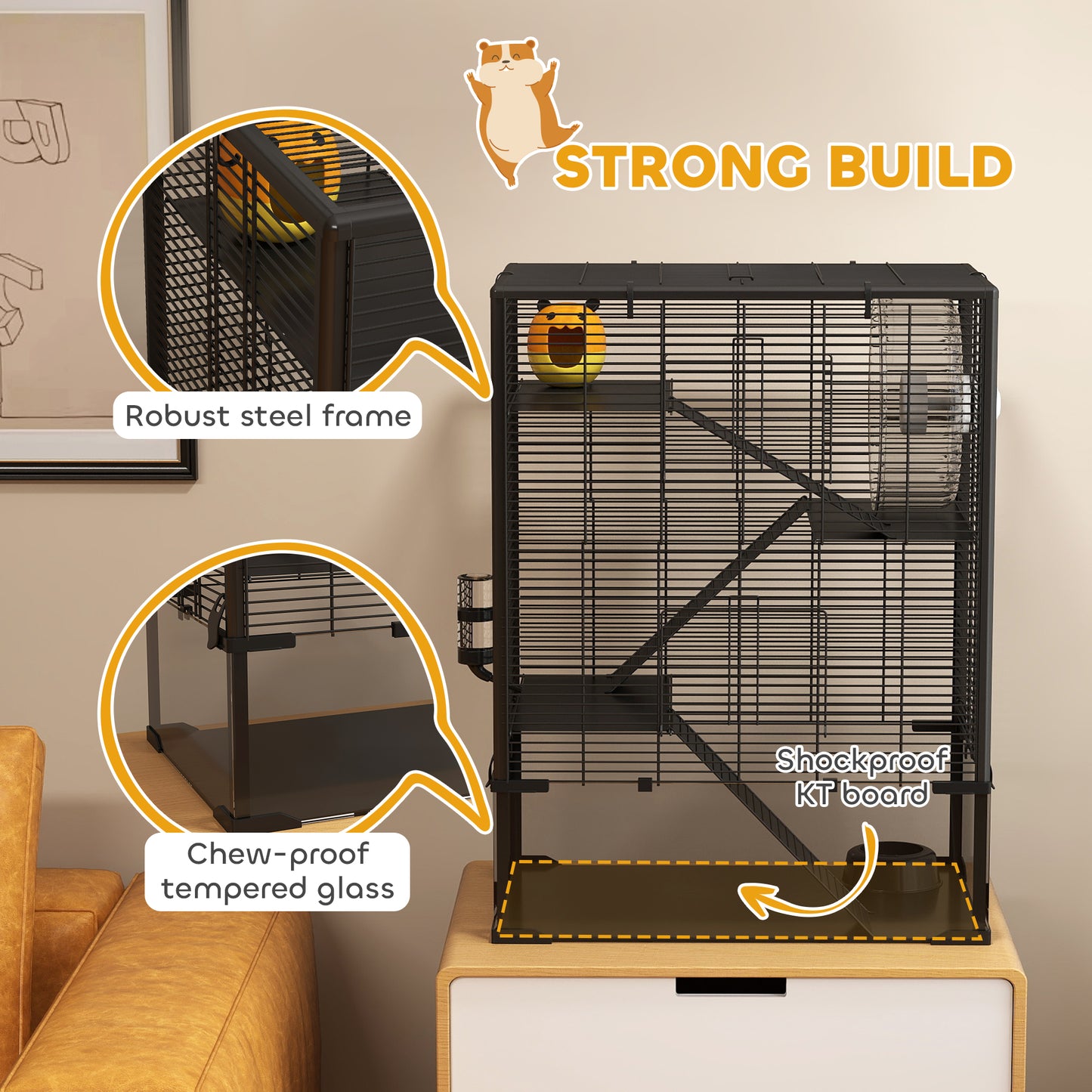 4-Tier Hamster Cage w/ Deep Tempered Glass Bottom, 60 x 40 x 80cm