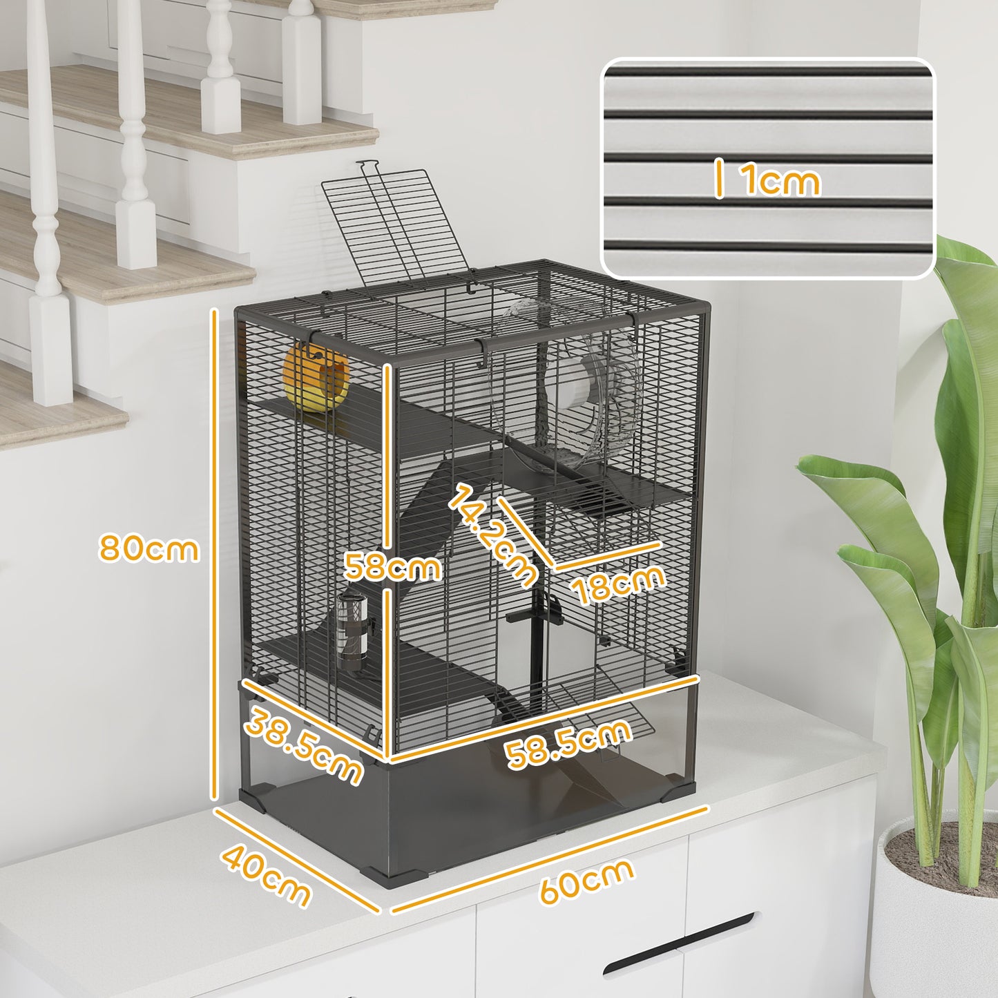 4-Tier Hamster Cage w/ Deep Tempered Glass Bottom, 60 x 40 x 80cm