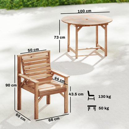 Garden Dining Set, Round Table and Chairs w/ Parasol Hole, Natural