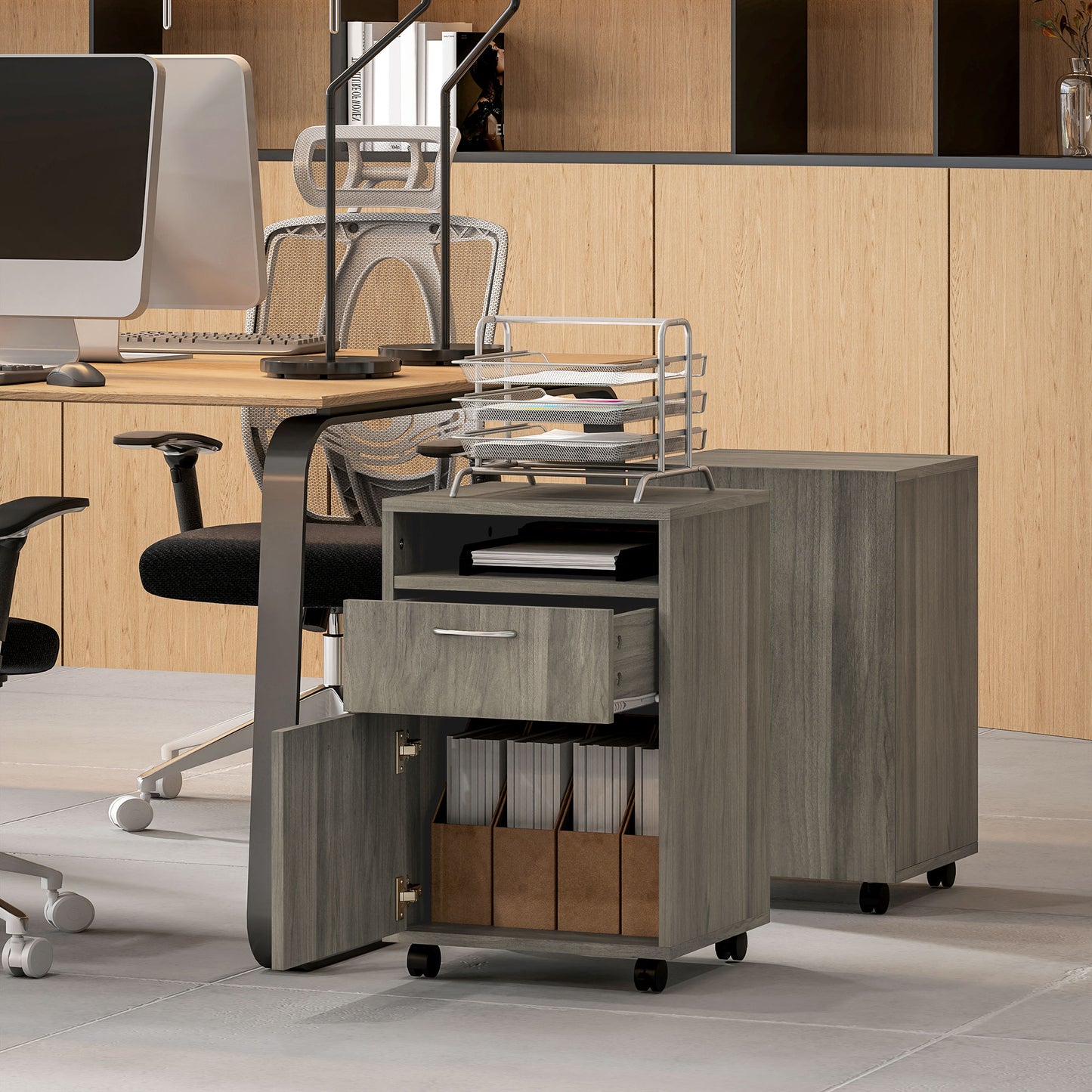 60cm Filing Cabinet with Drawers and Open Shelf, Grey
