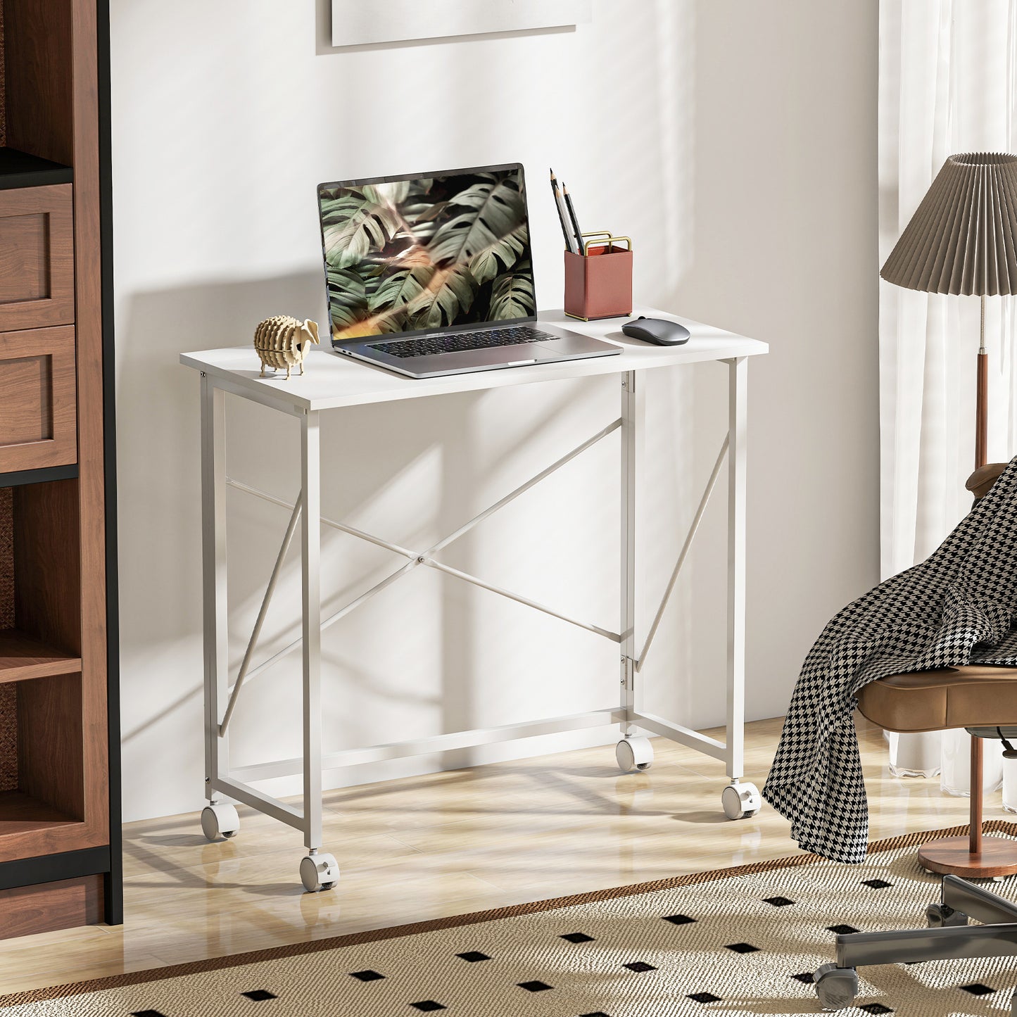Folding Desk on Wheels, Writing Table for Home Office, White