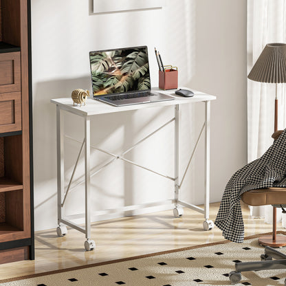 Folding Desk on Wheels, Writing Table for Home Office, White