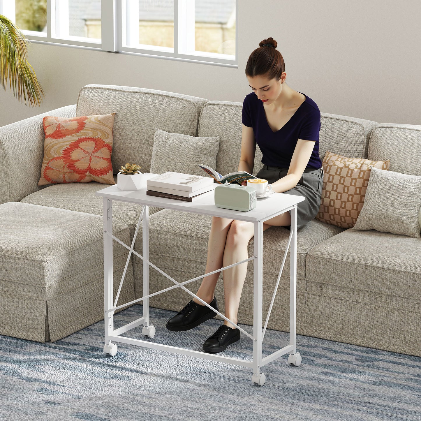 Folding Desk on Wheels, Writing Table for Home Office, White