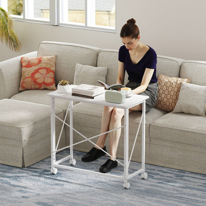 Folding Desk on Wheels, Writing Table for Home Office, White