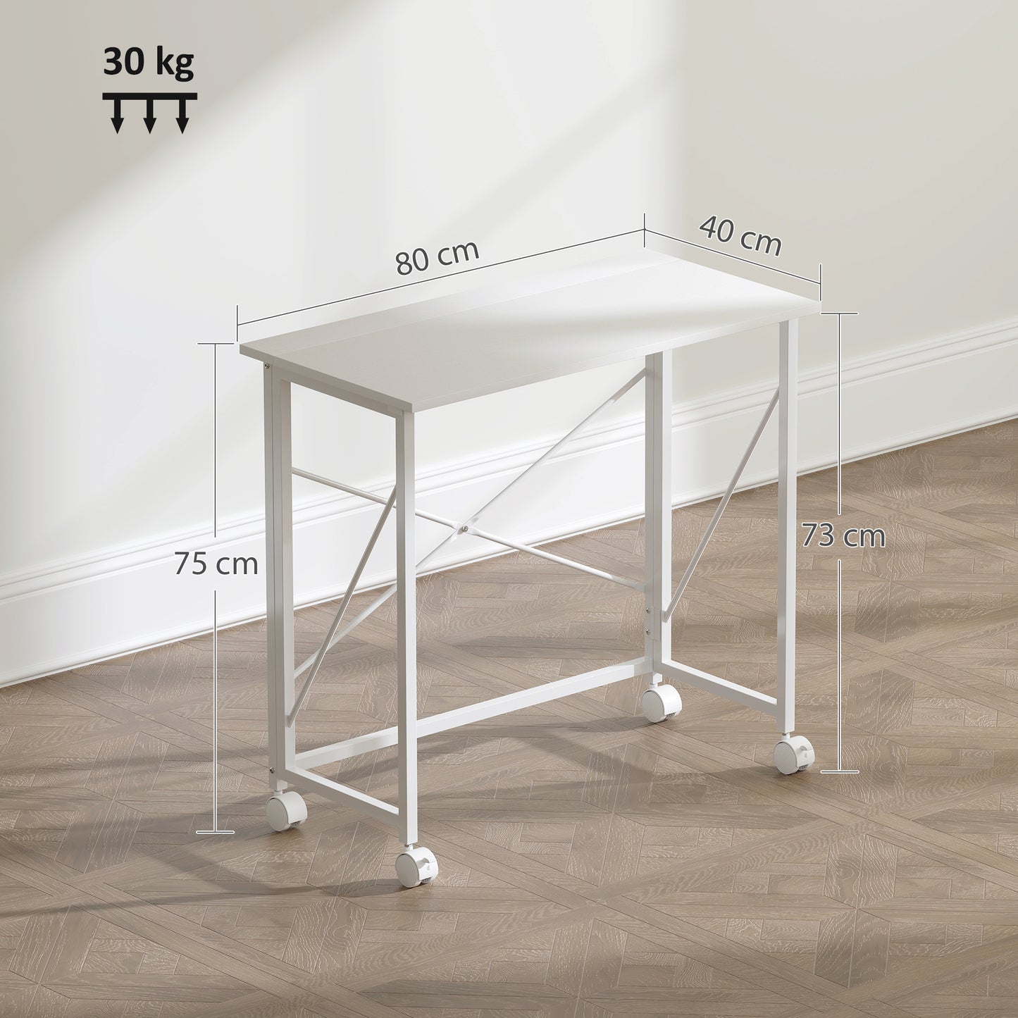 Folding Desk on Wheels, Writing Table for Home Office, White